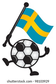 illustration of funny cartoon soccer ball character bring a flag