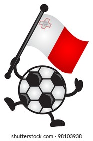 illustration of funny cartoon soccer ball character bring a flag