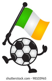 illustration of funny cartoon soccer ball character bring a flag