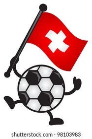 illustration of funny cartoon soccer ball character bring a flag
