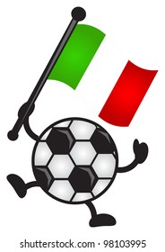 illustration of funny cartoon soccer ball character bring a flag