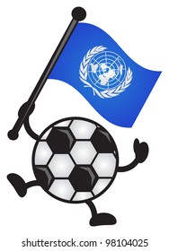 illustration of funny cartoon soccer ball character bring a flag
