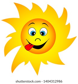 Illustration of a funny cartoon sun with mown eyes and tongue hanging out