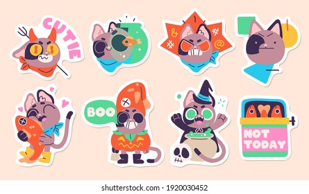 Illustration of a funny cat in diferent situations. Set of stickers, badges, patches. Vector illustration