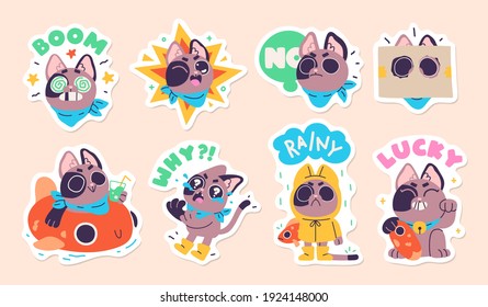 Illustration of a funny cat in diferent situations. Set of stickers, badges, patches. Vector illustration