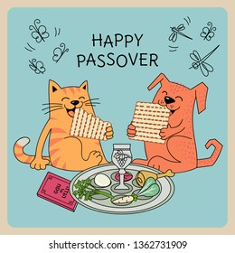 Illustration of funny cat and dog celebrating jewish holiday Passover. Happy Passover text in english