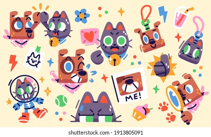 Illustration of a funny cat and dog in diferent situations. Set of stickers, badges, patches. Vector illustration