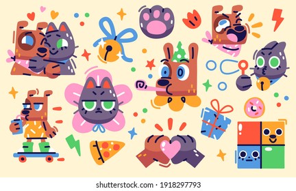 Illustration of a funny cat and dog in diferent situations. Set of stickers, badges, patches. Vector illustration