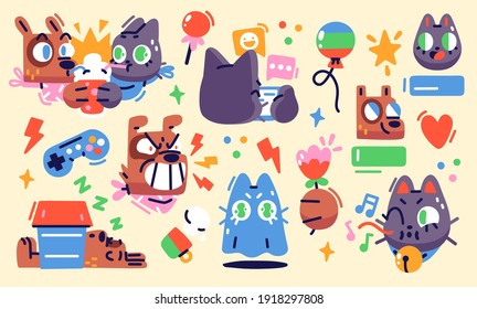 Illustration of a funny cat and dog in diferent situations. Set of stickers, badges, patches. Vector illustration