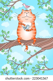 Illustration of a funny cat holding little bird in its paws