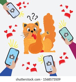 illustration of a funny cat licking his paw back and very surprised, but the hands are doing photos on the phone likes