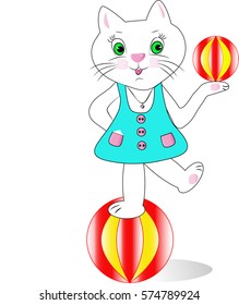 Illustration of funny cat on ball, vector cartoon image.