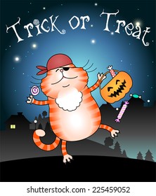 Illustration of funny cat trick or treating