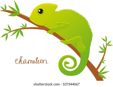 Illustration of funny chameleon sitting on branch