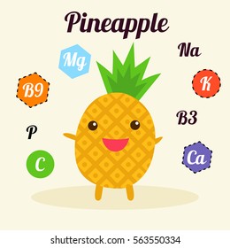Illustration with funny character. Cute and healthy food. Vitamins contained in pineapple. Fruit with kawaii face. Vector cartoon.