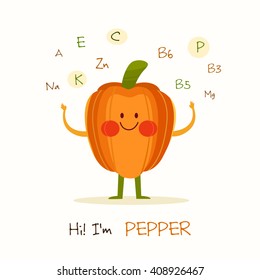 Illustration with funny character. Funny and healthy food. Vitamins contained in pepper. Food with cute face. Vector cartoon. Vector illustration of vegetable isolated.