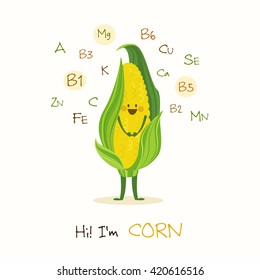 Illustration with funny character. Funny and healthy food. Vitamins contained in corn. Food with cute face. Vector cartoon. 