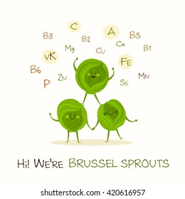 Illustration with funny character. Funny and healthy food. Vitamins contained in brussel sprouts. Food with cute face. Vector cartoon. 
