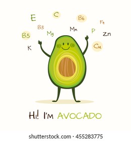 Illustration with funny character. Funny and healthy food. Vitamins contained in avocado. Food with cute face. Vector cartoon.