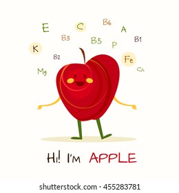 Illustration with funny character. Funny and healthy food. Vitamins contained in apple. Food with cute face. Vector cartoon.