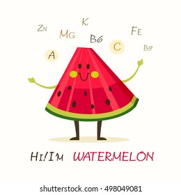Illustration with funny character. Funny and healthy food. Vitamins contained in watermelon. Food with cute face. Vector cartoon.