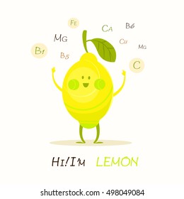 Illustration with funny character. Funny and healthy food. Vitamins contained in lemon. Food with cute face. Vector cartoon.