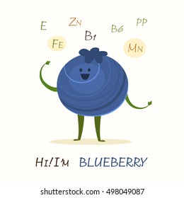 Illustration with funny character. Funny and healthy food. Vitamins contained in blueberry. Food with cute face. Vector cartoon.