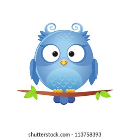 illustration of a funny character owl sitting on a branch