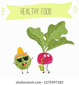 Illustration with funny characters cabbage, brussels, sprouts, radish   Funny and healthy food. Vitamins, cute face food, ingredients, vegetarian, vector cartoon, agriculture, raw.