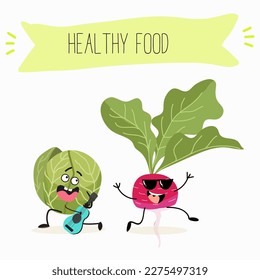 Illustration with funny characters cabbage, brussels, sprouts, radish   Funny and healthy food. Vitamins, cute face food, ingredients, vegetarian, vector cartoon, agriculture, raw.