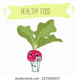 Illustration with funny characters cabbage, brussels, sprouts, radish   Funny and healthy food. Vitamins, cute face food, ingredients, vegetarian, vector cartoon, agriculture, raw.