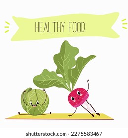 Illustration with funny characters cabbage, brussels, sprouts, radish   Funny and healthy food. Vitamins, cute face food, ingredients, vegetarian, vector cartoon, agriculture, raw.