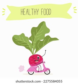 Illustration with funny characters cabbage, brussels, sprouts, radish   Funny and healthy food. Vitamins, cute face food, ingredients, vegetarian, vector cartoon, agriculture, raw.