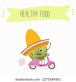 Illustration with funny characters cabbage, brussels, sprouts, radish   Funny and healthy food. Vitamins, cute face food, ingredients, vegetarian, vector cartoon, agriculture, raw.