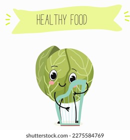 Illustration with funny characters cabbage, brussels, sprouts, radish   Funny and healthy food. Vitamins, cute face food, ingredients, vegetarian, vector cartoon, agriculture, raw.