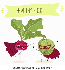 Illustration with funny characters cabbage, brussels, sprouts, radish   Funny and healthy food. Vitamins, cute face food, ingredients, vegetarian, vector cartoon, agriculture, raw.