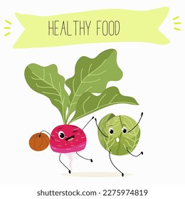 Ilustración con caracteres divertidos: col, bruselas, brotes, rábano   Comida divertida y saludable. Vitaminas, lindos alimentos faciales, ingredientes, vegetarianos, dibujos vectoriales, agricultura, crudo.