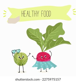 Illustration with funny characters cabbage, brussels, sprouts, radish   Funny and healthy food. Vitamins, cute face food, ingredients, vegetarian, vector cartoon, agriculture, raw.