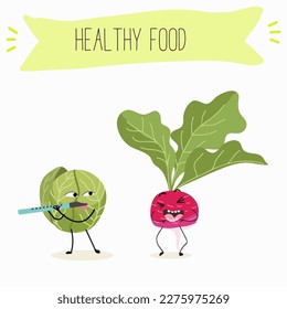 Illustration with funny characters cabbage, brussels, sprouts, radish   Funny and healthy food. Vitamins, cute face food, ingredients, vegetarian, vector cartoon, agriculture, raw.