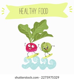 Illustration with funny characters cabbage, brussels, sprouts, radish   Funny and healthy food. Vitamins, cute face food, ingredients, vegetarian, vector cartoon, agriculture, raw.