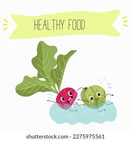 Illustration with funny characters cabbage, brussels, sprouts, radish   Funny and healthy food. Vitamins, cute face food, ingredients, vegetarian, vector cartoon, agriculture, raw.