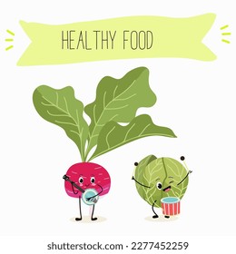 Illustration with funny characters cabbage, brussels, sprouts, radish   Funny and healthy food. Vitamins, cute face food, ingredients, vegetarian, vector cartoon, agriculture, raw.