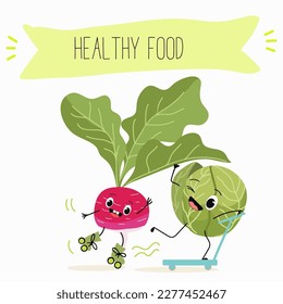 Illustration with funny characters cabbage, brussels, sprouts, radish   Funny and healthy food. Vitamins, cute face food, ingredients, vegetarian, vector cartoon, agriculture, raw.