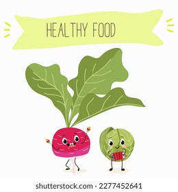 Illustration with funny characters cabbage, brussels, sprouts, radish   Funny and healthy food. Vitamins, cute face food, ingredients, vegetarian, vector cartoon, agriculture, raw.