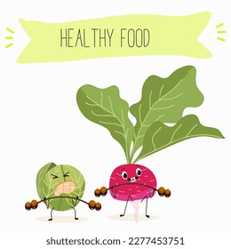 Illustration with funny characters cabbage, brussels, sprouts, radish   Funny and healthy food. Vitamins, cute face food, ingredients, vegetarian, vector cartoon, agriculture, raw.