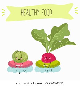 Ilustración con caracteres divertidos: col, bruselas, brotes, rábano   Comida divertida y saludable. Vitaminas, lindos alimentos faciales, ingredientes, vegetarianos, dibujos vectoriales, agricultura, crudo.