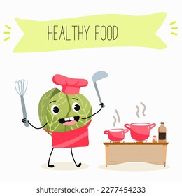 Illustration with funny characters cabbage, brussels, sprouts, radish   Funny and healthy food. Vitamins, cute face food, ingredients, vegetarian, vector cartoon, agriculture, raw.