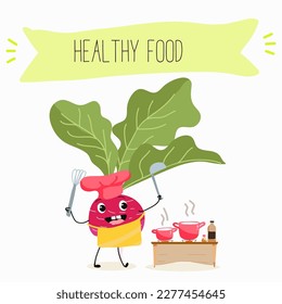 Illustration with funny characters cabbage, brussels, sprouts, radish   Funny and healthy food. Vitamins, cute face food, ingredients, vegetarian, vector cartoon, agriculture, raw.