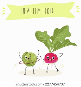 Ilustración con caracteres divertidos: col, bruselas, brotes, rábano   Comida divertida y saludable. Vitaminas, lindos alimentos faciales, ingredientes, vegetarianos, dibujos vectoriales, agricultura, crudo.