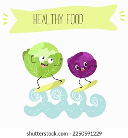 Illustration with funny characters cabbage, red cabbage. Funny and healthy food. Vitamins, cute face food, ingredients, vegetarianism, vector cartoon, antioxidant.